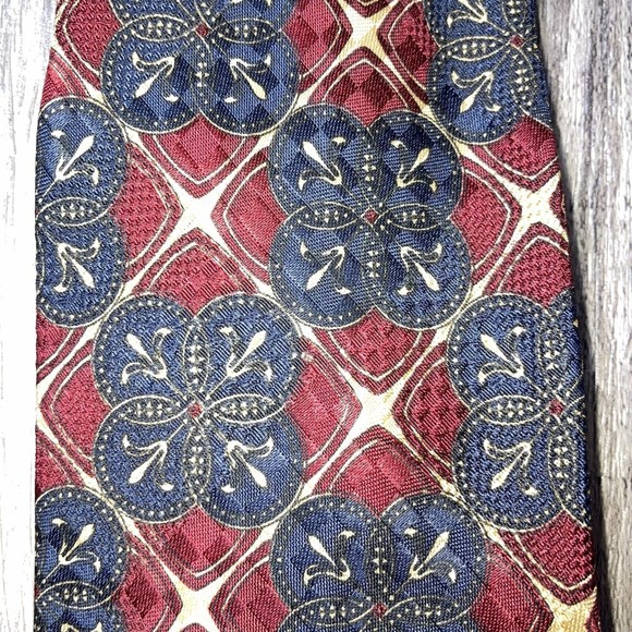 Bill Robin Son Tie Blue, Red, Ivory And Mustard Pattern Silk Necktie 55 x 3.75 - Picture 3 of 6